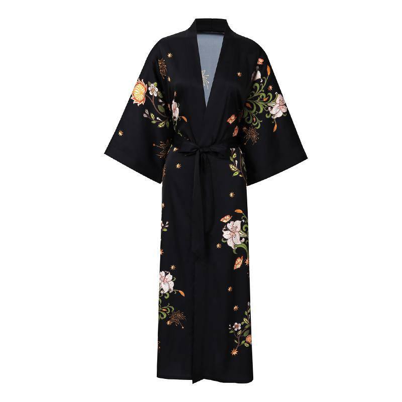 Abito lungo in kimono di seta, stampe di fiori di ciliegio nero di lusso con cintura, tutte le taglie