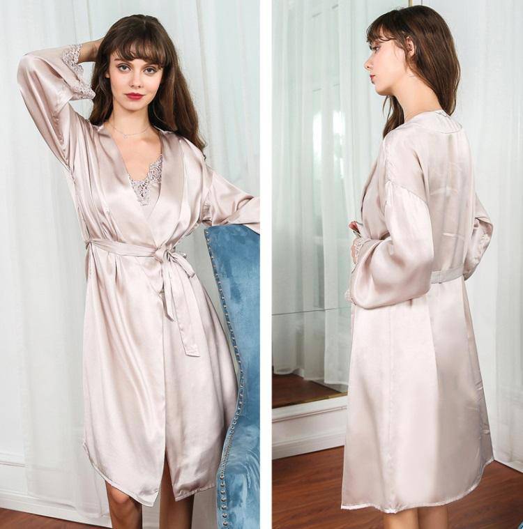 Silk Nightgown Robe Set with Flower Trimming For Ladies silk Nightwear Set -  slipintosoft