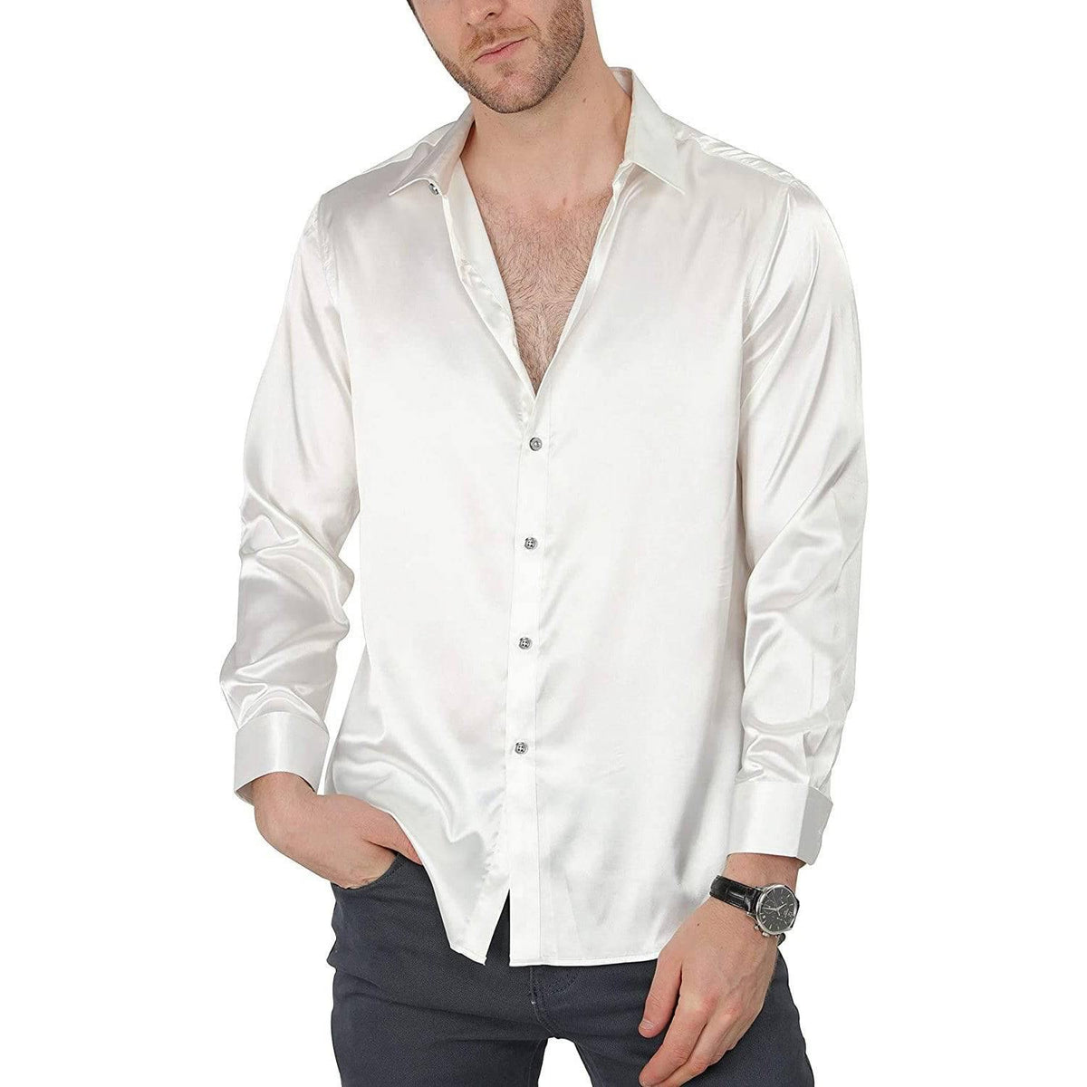 Camicia elegante in seta di lusso da uomo Camicie da smoking aderenti senza pieghe in seta casual da ballo a maniche lunghe