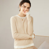 Maglione girocollo da donna in maglia jacquard color block 100% cashmere