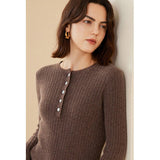 Women's 100% Ribbed Cashmere Crewneck & Button Sweater - slipintosoft
