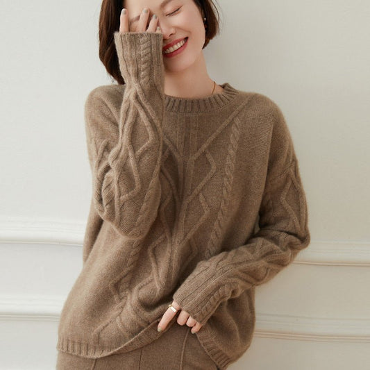 Women's Boatneck Cashmere Sweater Solid Cable-Knit Sweater Jumper - slipintosoft