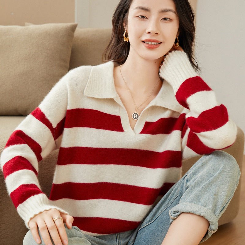 Women's Polo Cashmere Sweater Wide Striped Drop Shoulder Pullover Tops - slipintosoft