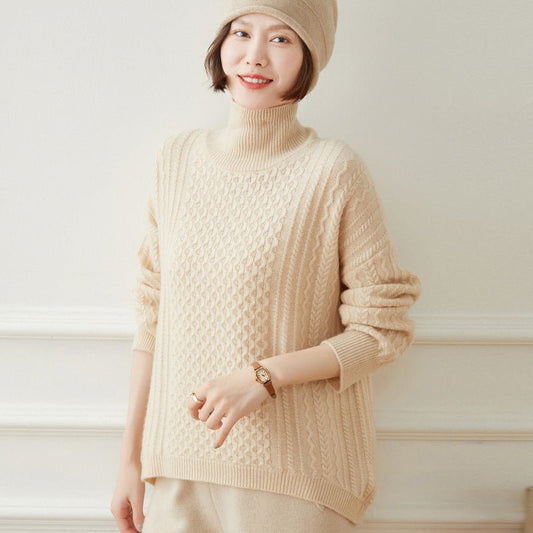 Women's Turtleneck Cashmere Sweater Cable-Knitted Drop Sleeve Pullover Tops - slipintosoft