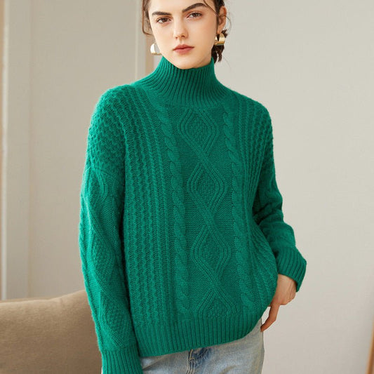 Women's Turtleneck Pure Cashmere Sweater Cable-Knit Drop Shoulder Cashmere Pullover - slipintosoft