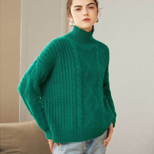 Women's Turtleneck Pure Cashmere Sweater Cable-Knit Drop Shoulder Cashmere Pullover - slipintosoft